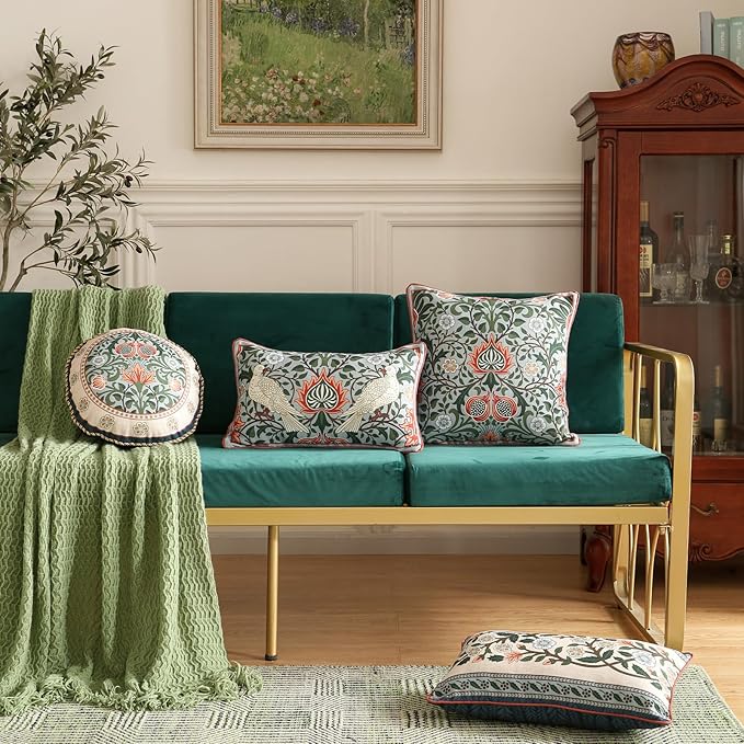 Design Square Retro Elegant Linen Throw Pillow Covers 18"x18" Pack of 2, Blue Gray Floral Pattern Cushion Covers Decor Pillowcases for Bed,Living Room,Outdoor,Car