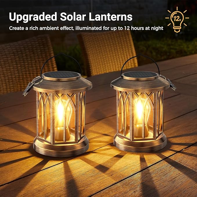 WdtPro Solar Lanterns Outdoor Lights, 4 Pack Bright Lanterns Outdoor Waterproof with Clip Patio Decor, Hanging Solar Lights for Outside Garden Yard Front Porch Table Decoration (Antique Copper)