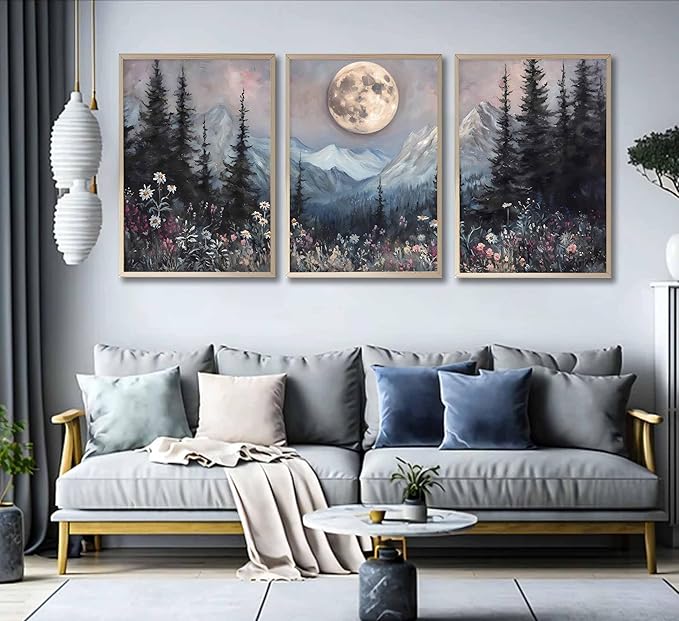 3Pcs Full Moon Forest Canvas Wall Art Moody Dark Forest Moonlit Pine Tree Mountains Wildflowers Wall Decor Wildflower Moon Poster Print Artwork for Bedroom Living Room Decoration Unframed