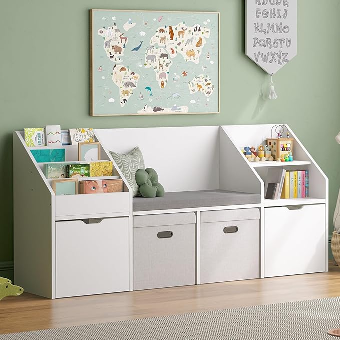 oneinmil 67" Kids Reading Nook with Bench Kids Bookshelf and Bookcase with Seat Cushion and Cube Storage Organizer Toddler Storage Cabinets Box on Wheels Children Toy Chestfor Bedroom, Nursery, White