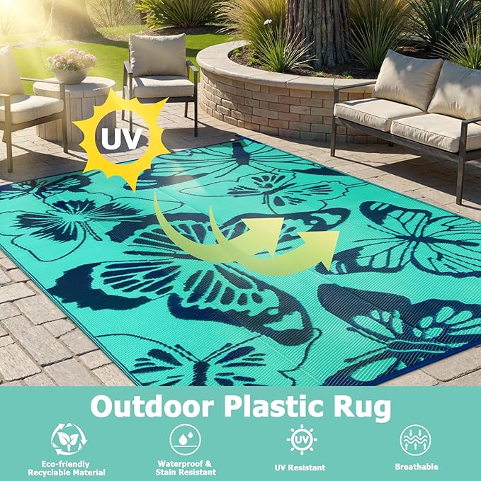 Beeiva Butterfly Outdoor Rug 8x10 Patio Waterproof, 8x10 Reversible Plastic Outdoor Rugs for Patio, Lightweight & Easy Clean Mat for Pool, Balcony, Backyard, Camping, Deck - Teal
