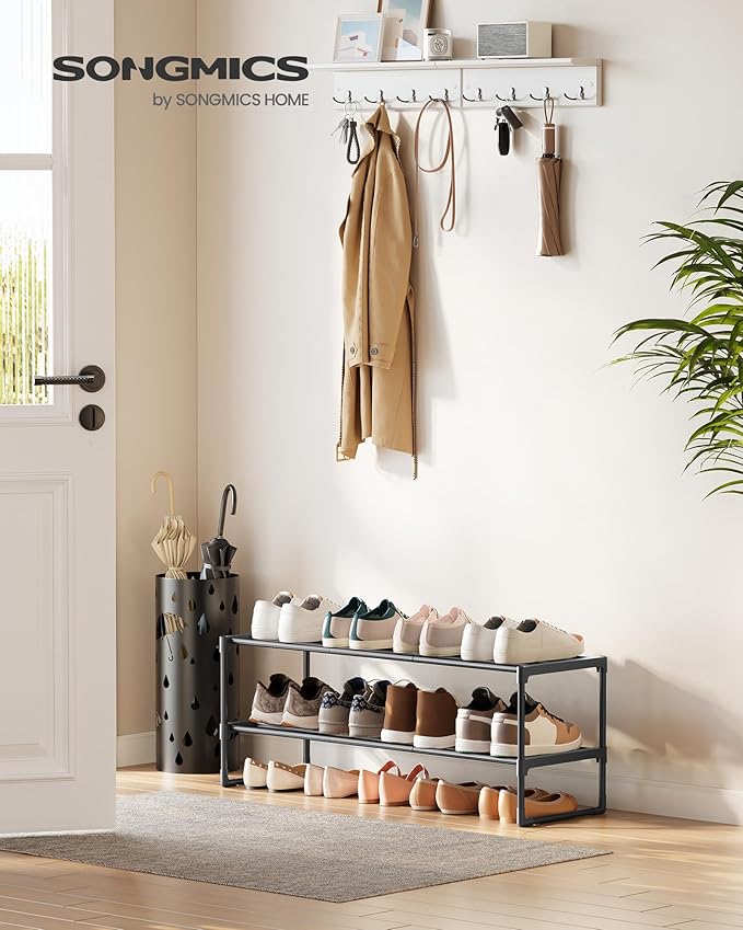 SONGMICS Shoe Rack, 2-Tier Shoe Organizer, Metal Storage Shelf, Upright or Upside Down, for 12-15 Pairs, Stackable, for Entryway, 11.8 x 36.2 x 13.4 Inches, Black ULSA12BK