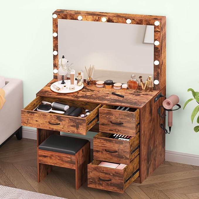 DWVO Vanity Desk with Stool, 4 Drawers, Lighted Makeup Desk with Large Mirror, 3 Color Modes, Outlets & USB Ports