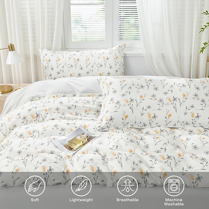 SAPHREAS Water Ink Grey Floral Duvet Cover Set King Size 3pcs Yellow Calla Lily Flowers White Bedding Comforter Cover Set 100% Cotton 1 Duvet Cover 104"x90" 2 Pillow Shams, Comforter Not Included