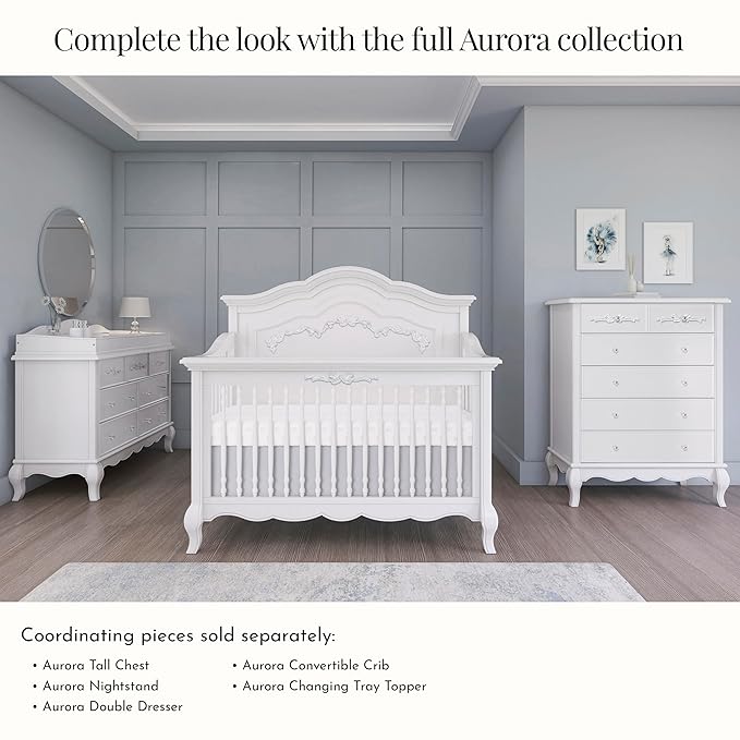 évolur Aurora 5-in-1 Convertible Full-Size Baby Crib in Frost White, GreenGuard Gold & JPMA, 3 Mattress Heights, Ribbon Bow Scrollwork & Queen Anne Feet, Converts to Toddler, Day & Full-Size Bed