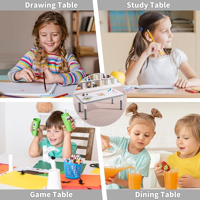 Adjustable Kids Table, Arts and Crafts Child Table with Graffiti Desktop, 7 Level Height Adjustable Children Table for Ages 3-8, Easy to Wipe Toddler Desk for Classrooms/Daycares/Homes
