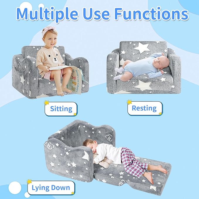 Kids Couch for Toddlers, 2-in-1 Kids Sofa Toddler Couch Chair Glow in The Dark, Comfy Soft Foldable Kid Chair for Girls and Boys
