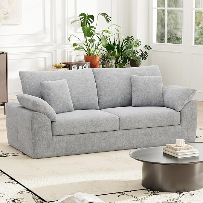 90" Boneless Loveseat Sofa, Cloud Foam Couch, 3 Seater Upholstered Midcentury Mondern Love Seat, Wide Armrest and 4 Pillows for Home Living Room/Small Spaces, No Assembly Required, Grey