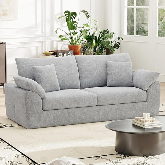 90" Boneless Loveseat Sofa, Cloud Foam Couch, 3 Seater Upholstered Midcentury Mondern Love Seat, Wide Armrest and 4 Pillows for Home Living Room/Small Spaces, No Assembly Required, Grey
