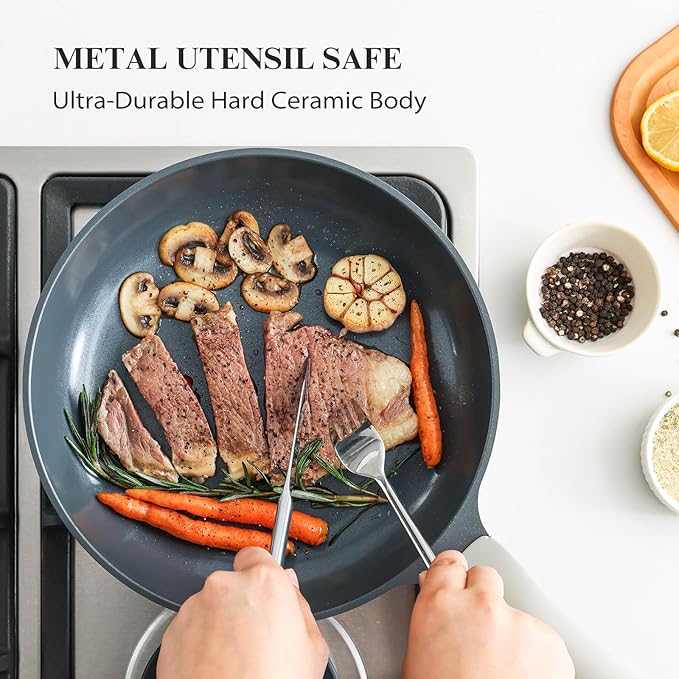 Nonstick Ceramic Frying Pan with Lid, Non Toxic Skillet, Healthy Egg & Omelet & Chef's Pan, PTFE PFOA & PFAS Free, Induction Compatible (8Inch W/L)