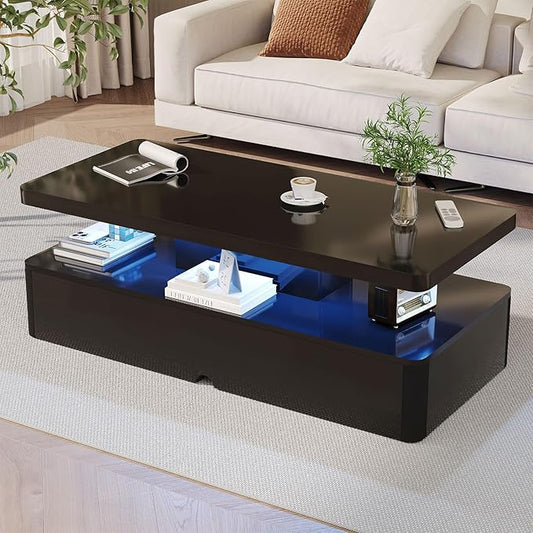 MXV Modern Coffee Table, 47 Inches Coffee Tables with 16 Colors LED Lights, 2 Tier Rectangular Center Table, Large Storage Space, High Glossy Wooden Tea Table for Living Room, Bedroom, Office, Black