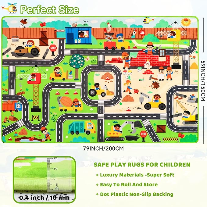 Kids Rug Play Mat for Toy Cars, 78.7"×59" Construction Site Road Traffic for Playroom Kids City Engineering Car Road Play Mat Non-Slip Washable Carpet Toddlers Boys Room Family Playtime