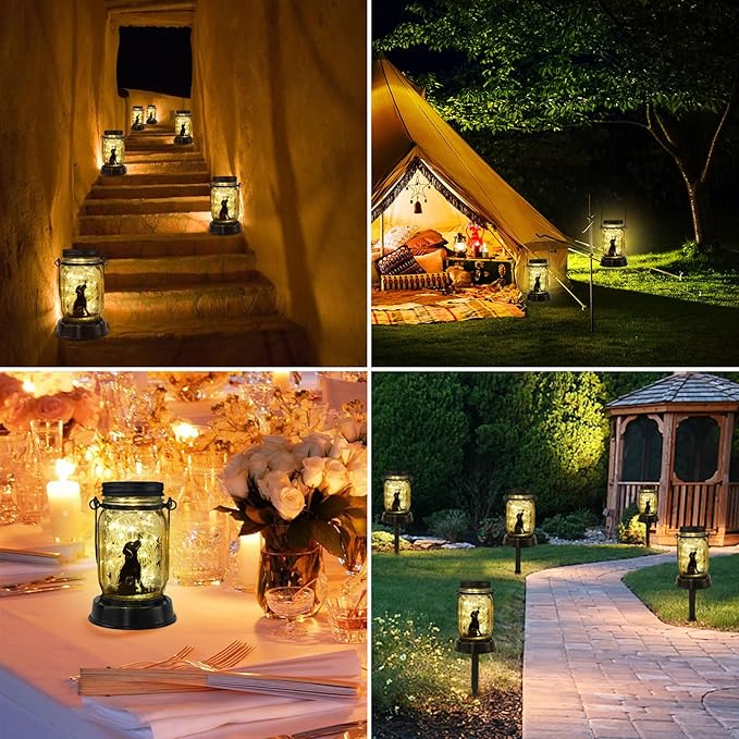 Styleonme Decor Mobile Outdoor Solar Lanterns, Solar Lights Waterproof Dog Lights with Butterfly, Gifts for Women Men Dog Lovers Gifts Hanging Dog Lanterns with Stake for Yard Lawn Garden Decor
