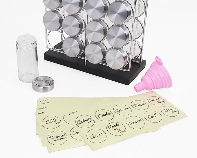 Orii 20 Jar Chrome Wire Spice Rack with Bamboo Base | Includes SS Funnel | 160 Preprinted + 20 Blank Spice Labels Included | Compact and Minimalistic Kitchen Pantry Spice Organizer Rack
