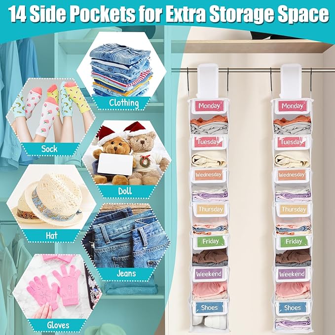 2 Pack 7 Shelf Weekly Clothes Organizer Hanging Closet for Kids with Side Pockets Weekday Shoes Rack Weekly Clothes Organizers Monday Through Weekend Foldable Storage Shelves(White)