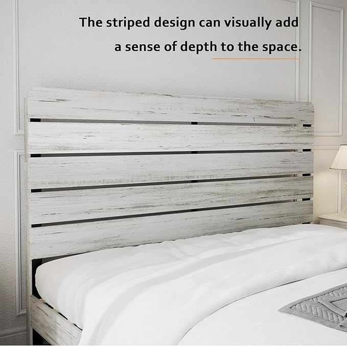 Rustic White King Size Wooden Bed Frame with Farmhouse Headboard, Solid Wood Platform Bed with Wood Slats, Noise-Free Structure, No Box Spring Needed