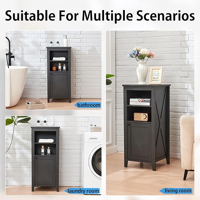 35.4" Tall Bathroom Floor Cabinet, 15.7" Wide Farmhouse Small Storage Cabinet with Door, Corner Floor Cabinet with Shelves, Organizer for Living Room, Kitchen, Black
