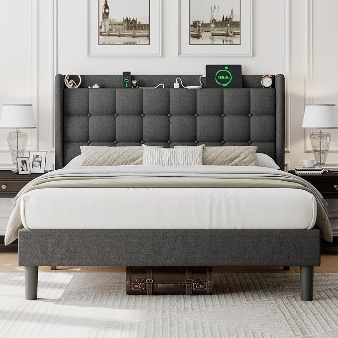iPormis Queen Bed Frame with Charging & Storage, Upholstered Platform Bed with Button Tufted Wingback Headboard, Heavy-Duty Foundation, No Box Spring Needed, Dark Grey