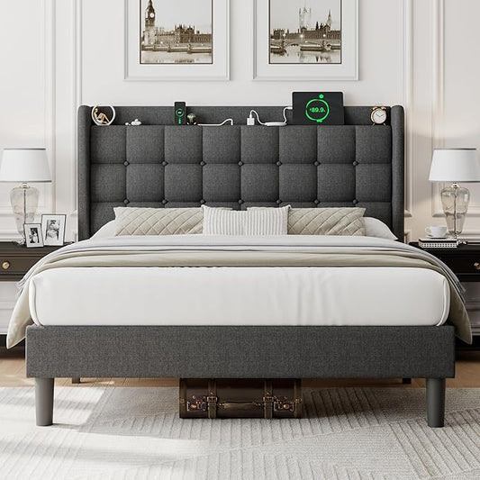 iPormis Queen Bed Frame with Charging & Storage, Upholstered Platform Bed with Button Tufted Wingback Headboard, Heavy-Duty Foundation, No Box Spring Needed, Dark Grey