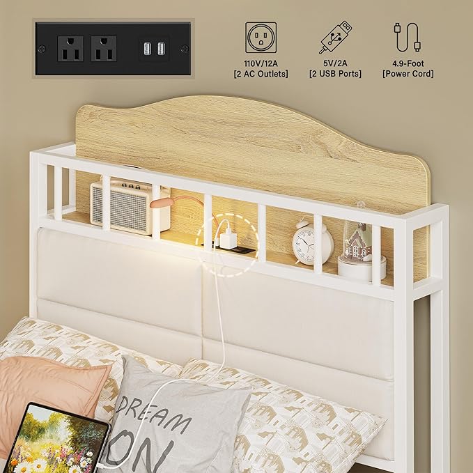LIKIMIO Twin Bed Frame with Guardrail & Bedside Caddy, Multifunctional Headboard with Charging Station, Durable Metal Platform Bed, Noise-Free, No Box Spring Needed, White