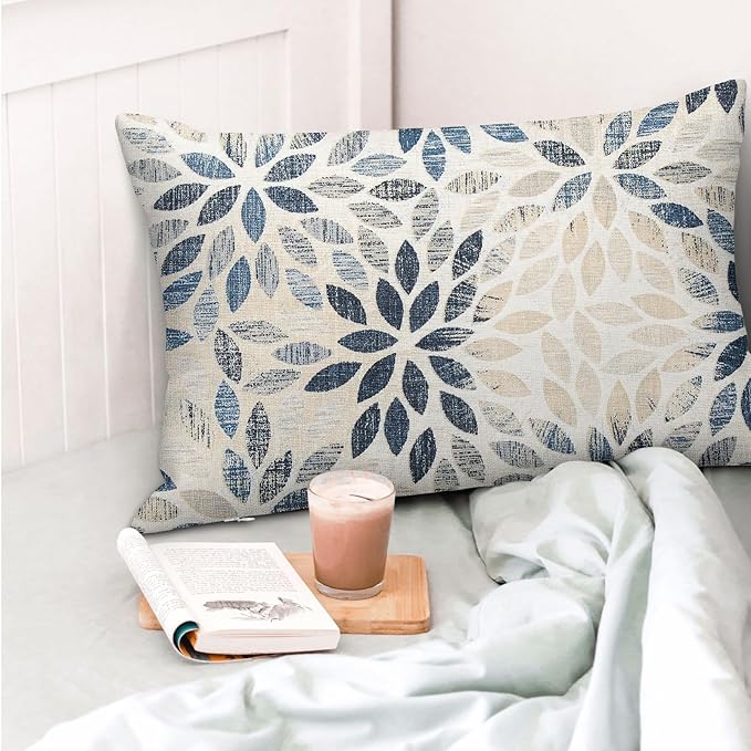 Dahlia Pillow Covers 12x20 Inch Set of 2 Summer Rust Geometric Flower Outdoor Decorative Throw Pillows Farmhouse Navy Blue Pillow Case Linen Lumbar Cushion Cover for Home Sofa Bedroom Living Room