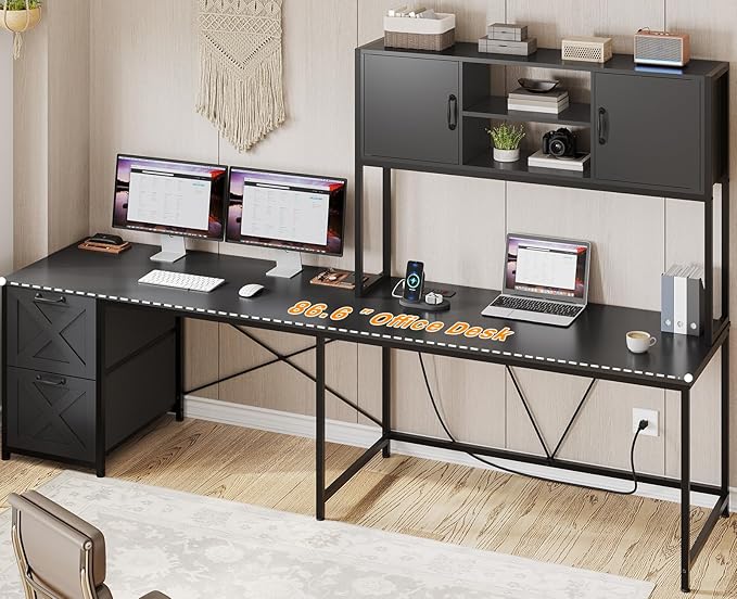 SEDETA Corner Computer Desk, Reversible L Shaped Computer Desk with Fabric Drawers and Power Outlet, Gaming Desk with Led Lights, Hutch and Storage Shelf for Home Office, Black