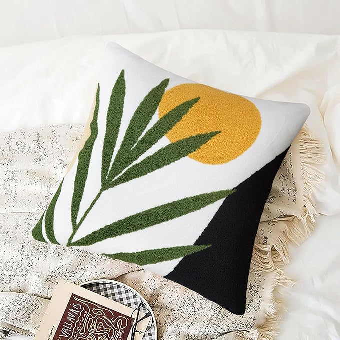 Merrycolor Boho Decorative Throw Pillow Covers Abstract Tufted Mid Century Modern Throw Pillows Leaf Sun Aesthetic Textured Pillow Cover Green Decorative Throw Pillows for Bed Couch Sofa,18x18