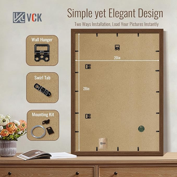 VCK 20x28 Picture Frame Set of 4 - Brown, Gallery-Quality Wood Poster Frames, 1.1-Inch Wide Border, Polished Plexiglass, Vertical or Horizontal Wall Display for Photo/Art/Prints, Brown