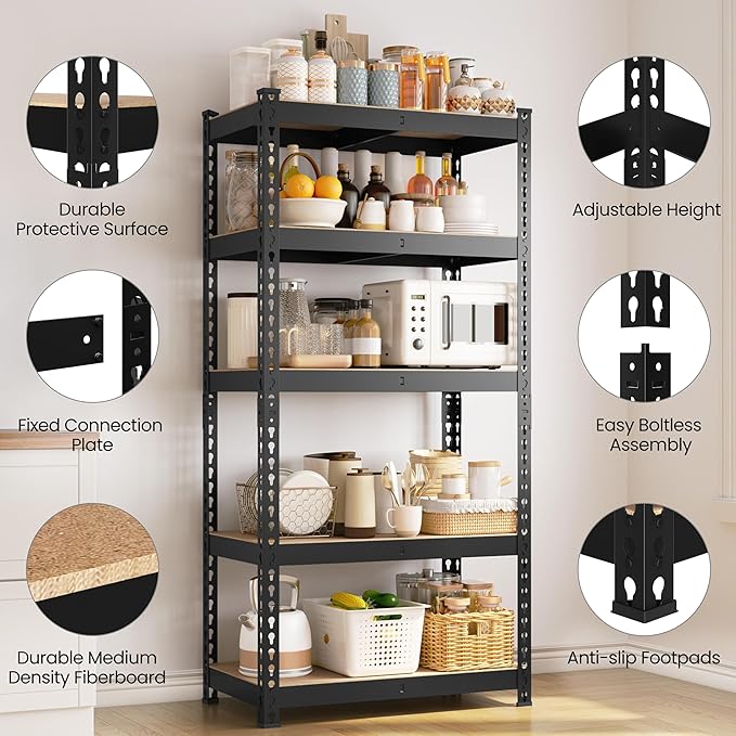 Yaheetech Storage Shelves 5 Tier Garage Shelving Heavy Duty Garage Shelves Adjustable Metal Shelving Unit Utility Rack Industrial Shelving for Warehouse Pantry Closet, 27.5" W x 12" D x 60" H, Black