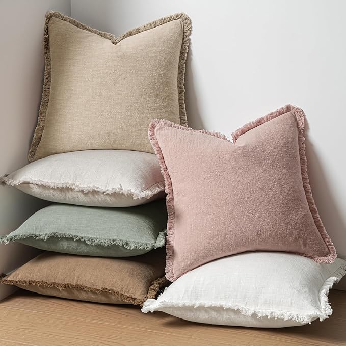 MIULEE Decorative Throw Pillow Covers Neutral Linen Fringe Throw Pillows Set of 2 Light Pink Boho Farmhouse Cushion Covers for Couch Sofa Bed Living Room Spring Home Decor 18x18 Inch