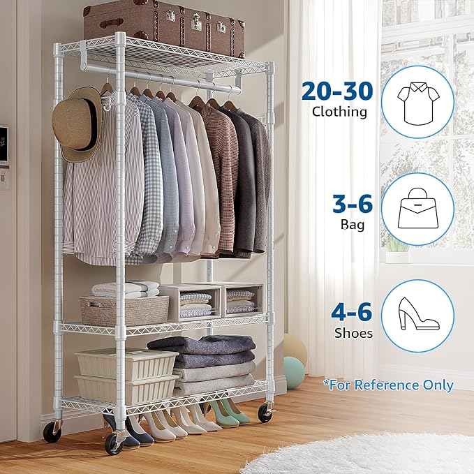 Heavy Duty Rolling Garment Rack 3 Tiers Adjustable Wire Shelving Clothes Rack with Rods and Side Hooks,Storage Closet Clothing Rack with Wheels White 15.7" D x 29.5" W x 74.5" H