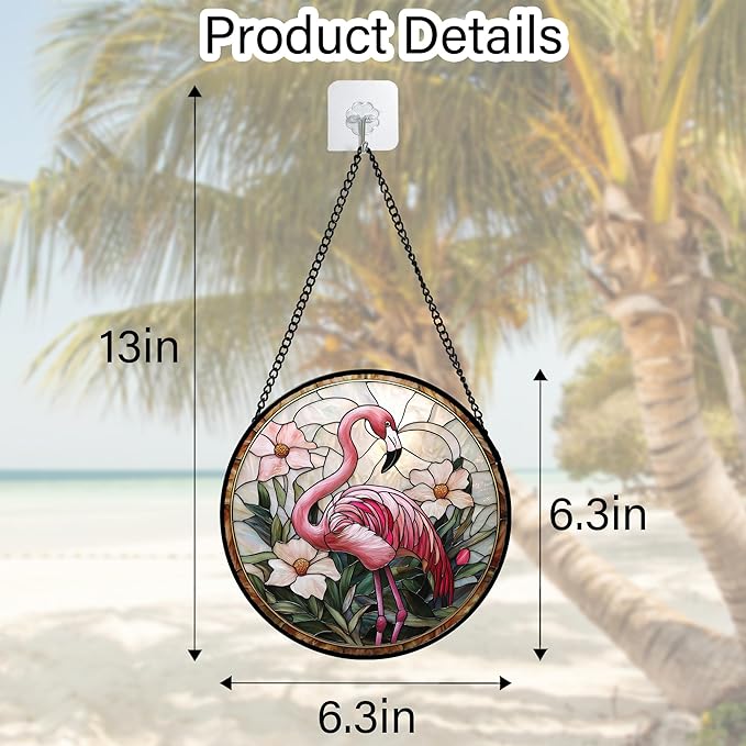 Stained Glass Window Hanging, Flamingo Flower Sun Catchers Diamond Glass Panel Hangings Pink Suncatcher Decor for Birthday for Women, Men, Wife, Aunt, and Mom 6.3 in