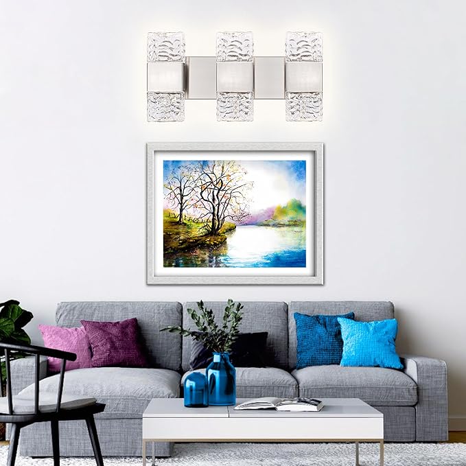 MELUCEE 3-Light Brushed Nickel Vanity Light Bar LED Bathroom Lighting Fixtures Over Mirror Dimmable Modern Wall Light with Crystal Column for Bath Restroom Powder Room, 3000K Warm Lighting