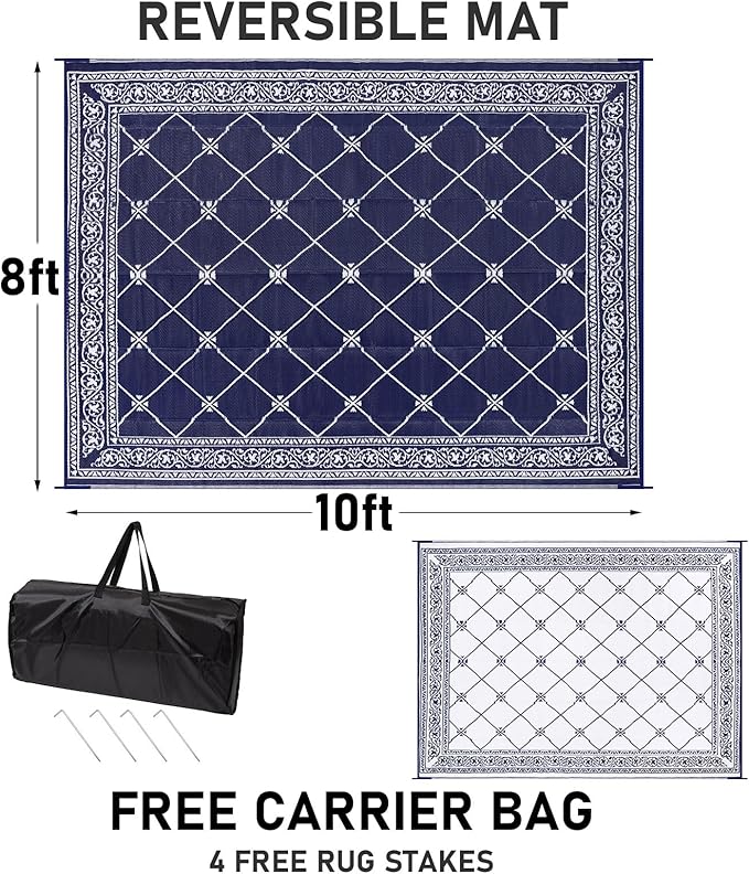 Outdoor Rug 8'x10' for Patios Waterproof Patio Rugs Outdoor Mats for Front Porch,Beach Mat,Reversible Plastic Straw Camping Rugs for Outside RV,Deck,Balcony,Backyard Navy Blue