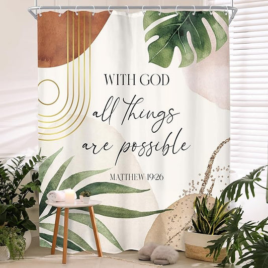 Glawry Boho Bible Verse Shower Curtain Extra Long Inspirational Abstract Scriptures Quotes Palm Leaf Bathroom Mid Century Christian 72Wx78L Inches Bath Accessories Art Home Decor Fabric 12 Pack Hook