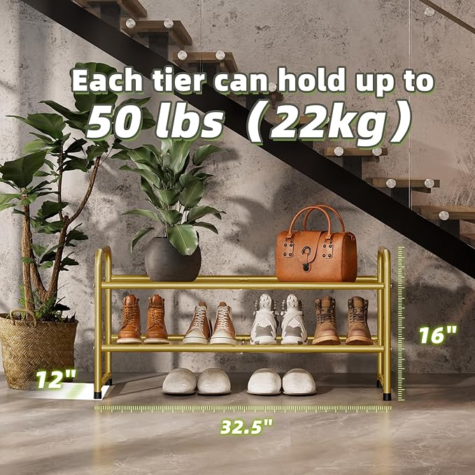 SUFAUY Shoe Rack for Closet, 33" Wide Metal Shoe Rack Organizer Heavy Duty, 2-Tier Mesh for Shoes, Gold