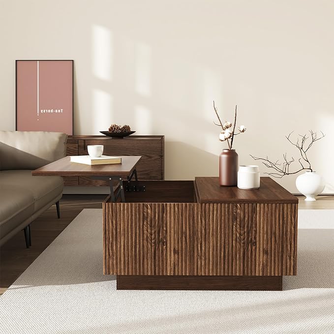 31" Lift Top Coffee Table with Hidden Storage, Farmhouse Square Wood Center Table with Fluted Design for Living Room, Apartment, Small Spaces, Brown Walnut