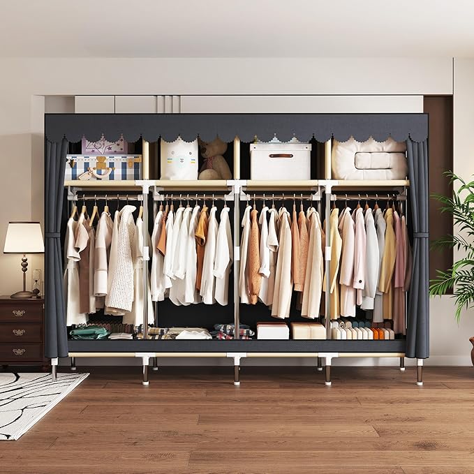 Portable Wardrobe Closet Durable and Easy to Assemble Heavy Duty Clothes Rack with Non-Woven Cover Fabric Best for Bedroom and Easy Storage and Organization (Grey-B)