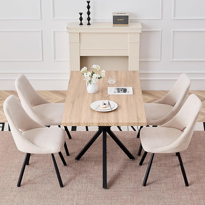 55.1 Inch Dining Table for 4 6 People Rectangular Wooden Kitchen Tables Mid Century Modern Dinner Table Long Dinning Room Table with Metal Cross Legs for Kitchen Living Room Comedor(Natural)