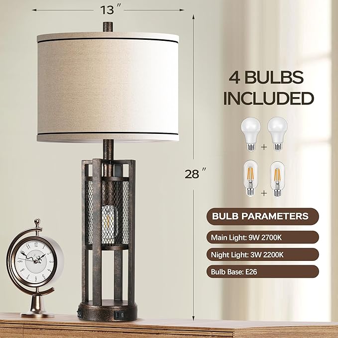 28'' Farmhouse Industrial Table Lamp Set of 2 - Rustic Bedside Nightstand Lamps with Dual USB A+C Ports, Bronze Metal Mesh Nightlight Desk Lamps for Bedroom Living Room, 4 LED Bulbs Included