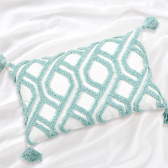 Boho Pillow Covers 12X20 Inch Boho Tufted Throw Pillow Covers Decorative Tassels Cushion Cover Farmhouse Pillow Case for Couch Sofa Bed Living Room Bedroom, Aqua Green