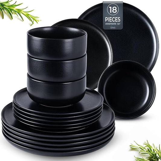 LERATIO Stoneware Dinnerware Sets for 6,Handcarft Ceramic Plates and Bowls Sets,Chip and Scratch Resistant Dishes, Dishwasher & Microwave Safe, Oven safe,Reactive Glaze-Black