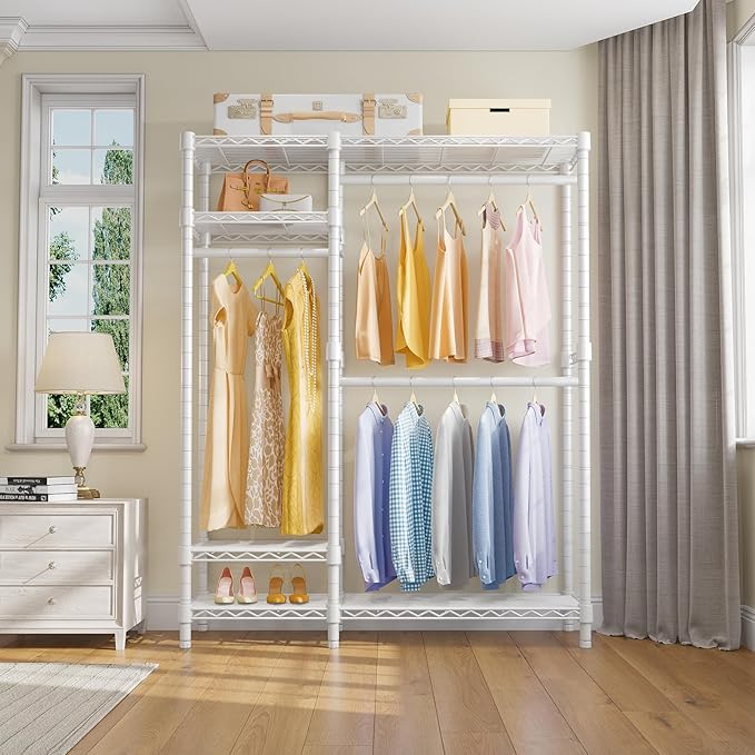 VIPEK V2 Garment Rack Metal Clothing Racks for Hanging Clothes with 4 Tiers Wire Shelving & 3 Hanging Rods, Free Standing Closet Wardrobe, 45" L x 16.5" W x 76.4" H, Max Load 700LBS, White