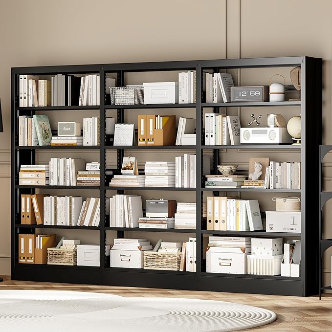 71" Metal Book Shelf, 5 Tier Bookshelf with Adjustable Shelves, Bookshleves and Bookcases, Heavy Duty Library Book Case, Expandable Combination Bookshelf (Black, 108.3" W)