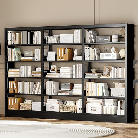 71" Metal Book Shelf, 5 Tier Bookshelf with Adjustable Shelves, Bookshleves and Bookcases, Heavy Duty Library Book Case, Expandable Combination Bookshelf (Black, 108.3" W)