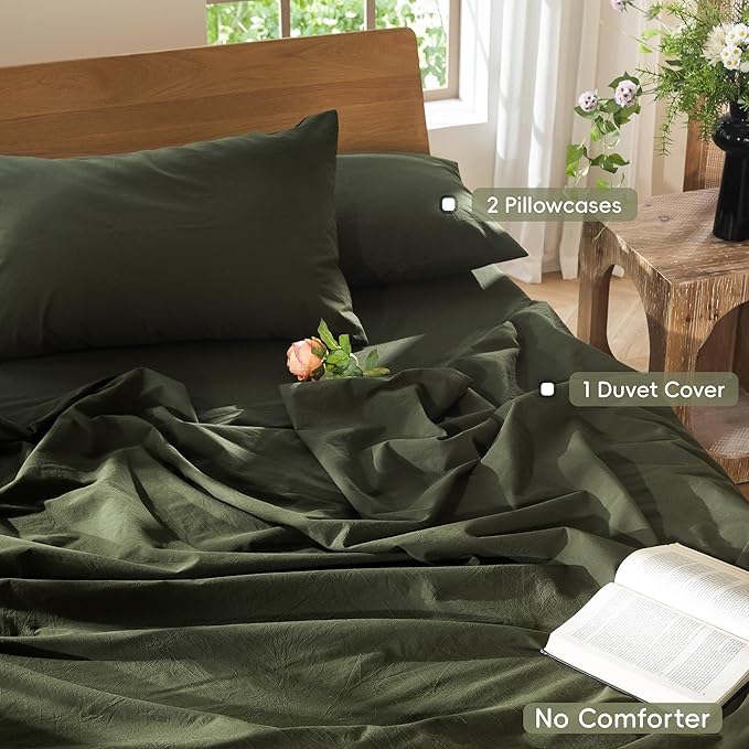 MooMee Bedding Duvet Cover Set 100% Washed Cotton Linen Like Textured Breathable Durable Soft Comfy (Solid Olive Green, Cal King 104"x98")