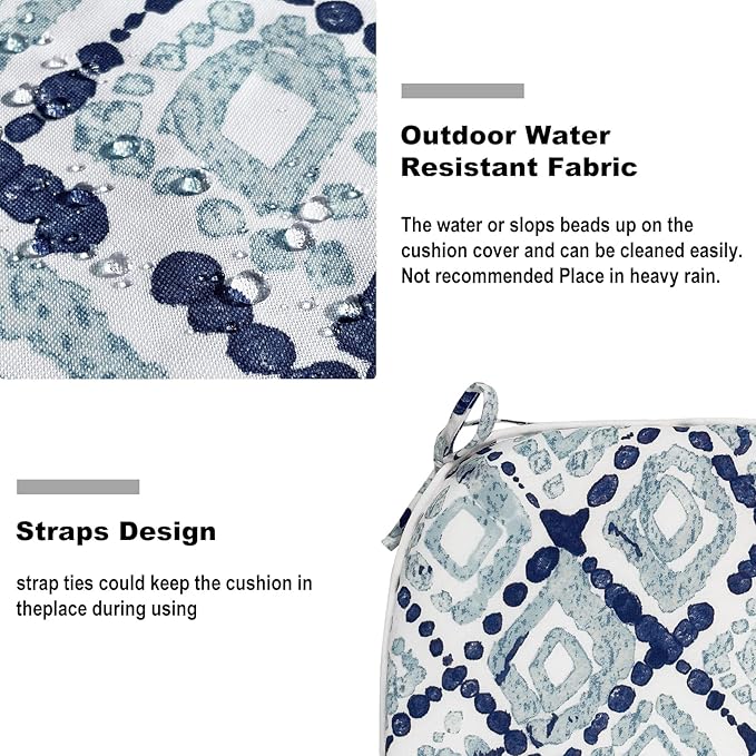 Set of 2 Outdoor Chair Cushions with Ties,Water Repellent Patio Chair Pads 17"x 16" for Outdoor Furniture,Round Corner Seat Cushions for Garden Yard Kitchen Boho Geometry Blue