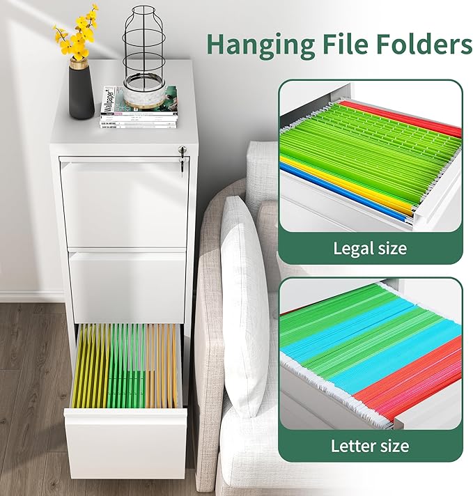 File Cabinet, Vertical File Cabinets with Lock for Home Office,Heavy Duty Office Steel Filing Cabinet for Hanging Letters/Legal/A4, Assembly Required (White, 3 Drawers)