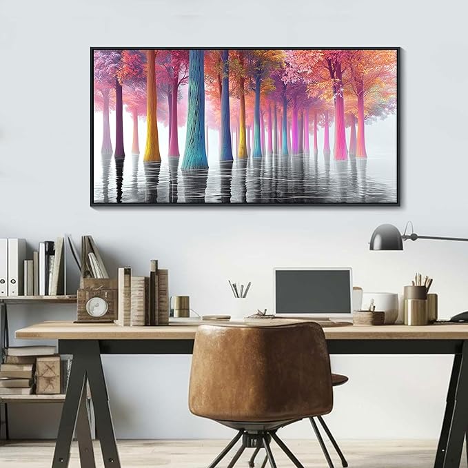 JEAWA Framed Wall Art Canvas - Black and White Lake Landscape Wall Pictures Large Colorful Tree Paintings Artwork Ready to Hang Living Room Bedroom Kitchen Home Office Forest Decor 24x48 IN