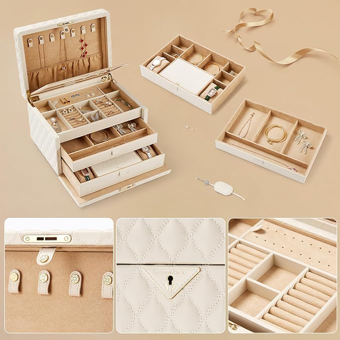 Vee Jewelry Box, 3-Layer Jewelry Case Diamond Quilted Leather Jewelry Organiser with Drawers,Jewelry Storage with big Mirror,Multipurpose Use with Key Lock,Gift Idea (beige, Large-13.39*10.04*8.66in)